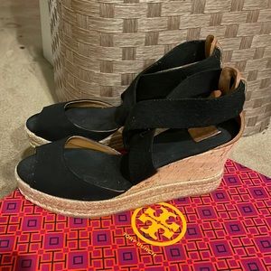 Black Tory Burch wedge espadrille sandals, two inch heel, stylish, comfortable